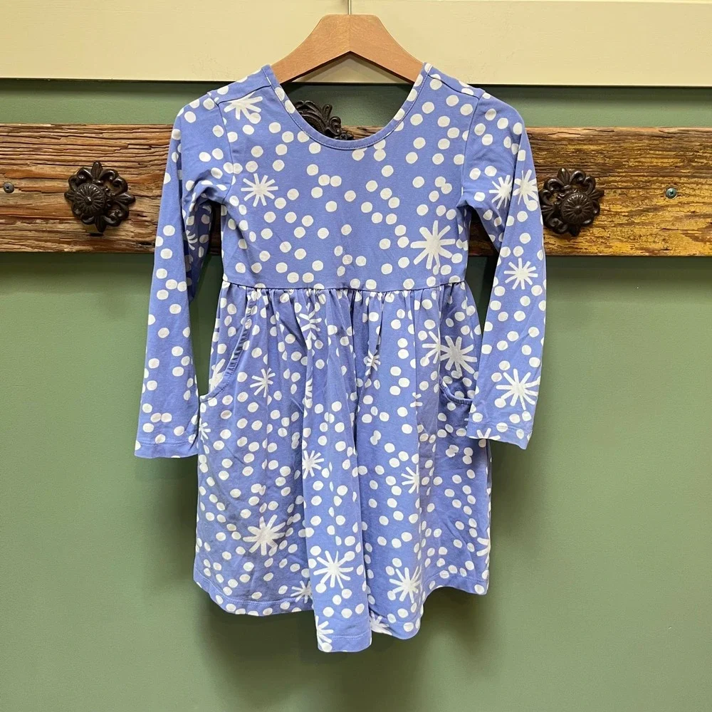 Hanna Andersson Girls Periwinkle Blue Snowflake Polka Dot Pocket Dress Size 5